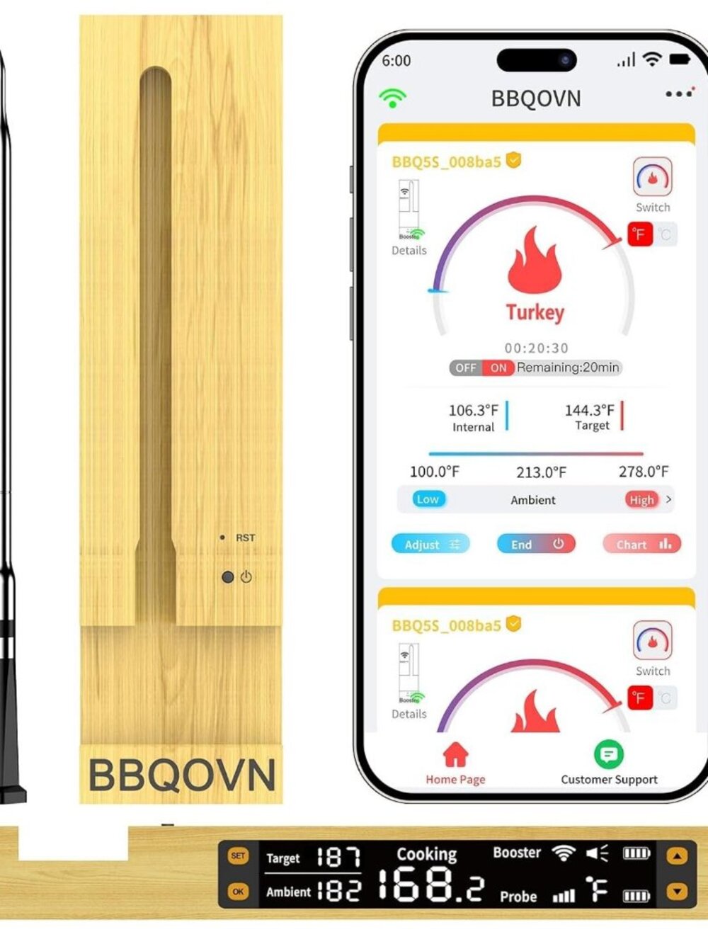WiFi Sub-1G Wireless Meat Thermometer Unlimited Range, Check Temp Anywhere,7 NIS